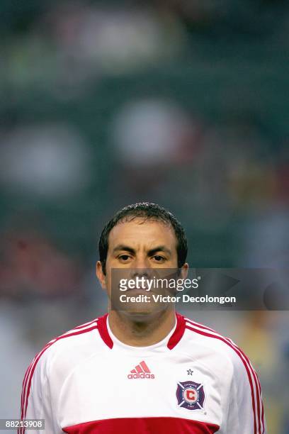 Cuauhtemoc Blanco of the Chicago Fire stands in the lineup before the MLS match against the Chivas USA at The Home Depot Center on May 28, 2009 in...