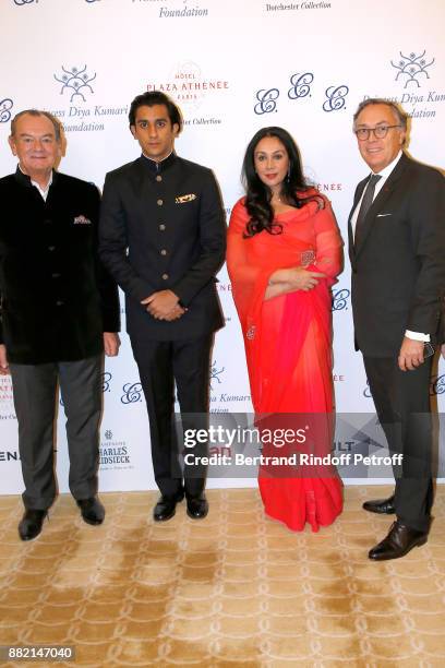 The Maharaja Sawai Padmanabh Singh of Jaipur, his mother HRH Princess Diya Kumari of Jaipur and Director of the Plaza Athenee Hotel, Francois...