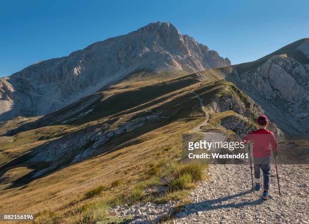 italy, abruzzo, gran sasso e monti della laga national park, boy on hiking trail of corno grande - abruzzen stock-fotos und bilder