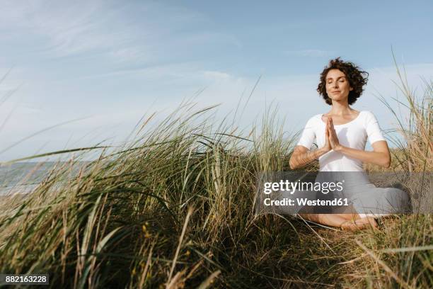 woman practicing yoga in beach dune - helm riet stockfoto's en -beelden