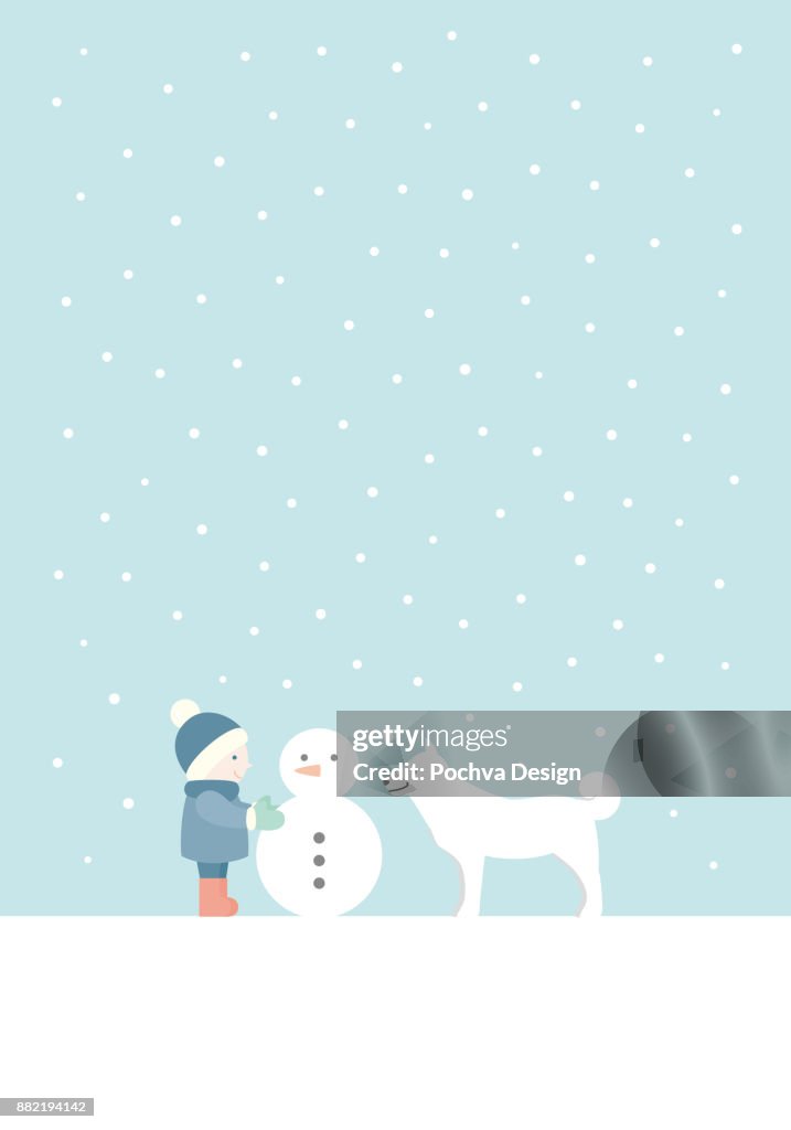 A child making a snowman with a white dog vector illustration