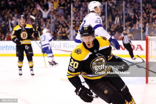 Riley Nash of the Boston Bruins reacts after scoring a goal against the Tampa Bay Lightning during the first period at TD Garden on November 29, 2017...