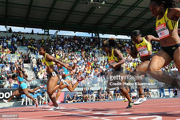 Reebok Grand Prix: Jamaica Aleen Bailey in action, crossing finish line during Women's 100M at Icahn Stadium on Randall's Island. New York, NY...