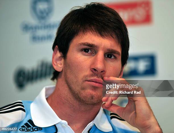 Argentina's Lionel Messi attends a press conference after a training session at the Asociacion Argentina de Futbol facilities on June 4, 2009 in...