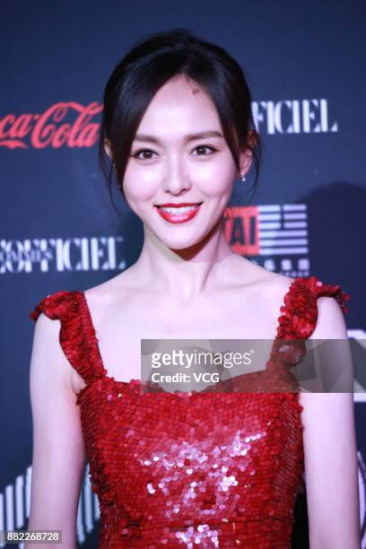 Actress Tiffany Tang arrives at the red carpet of L'Officiel Fashion Night 2017 on November 29, 2017 in Beijing, China.