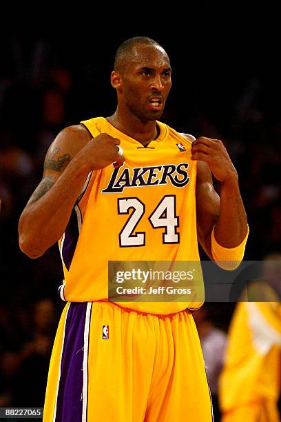 Kobe Bryant of the Los Angeles Lakers reacts in the second half against the Orlando Magic in Game One of the 2009 NBA Finals at Staples Center on...