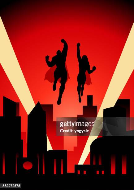 vector retro illustration of superhero couple flying upward - searchlight stock illustrations