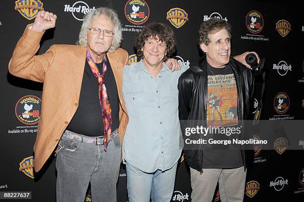 Woodstock Festival Producers Artie Kornfeld, Michael Lang and Joel Rosenman attend the Woodstock 40th anniversary blu-ray release party at Hard Rock...
