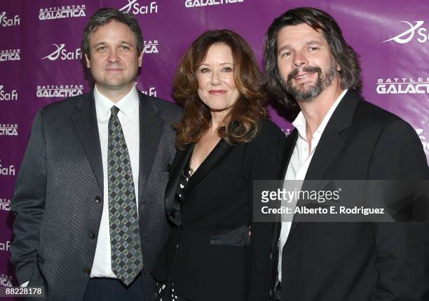 Executive producer David Eick, actress Mary McDonnell and creator/writer Ronald D. Moore arrive at the L.A. Times' Envelope Screening series of...