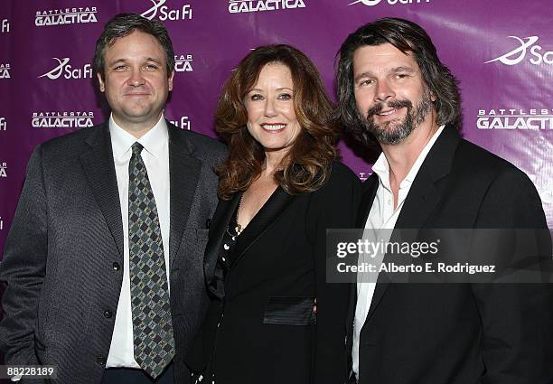 Executive producer David Eick, actress Mary McDonnell and creator/writer Ronald D. Moore arrive at the L.A. Times' Envelope Screening series of...