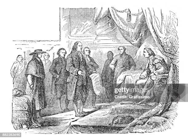 benjamin franklin defending the american cause in france 1776 - ambassadors of france stock illustrations