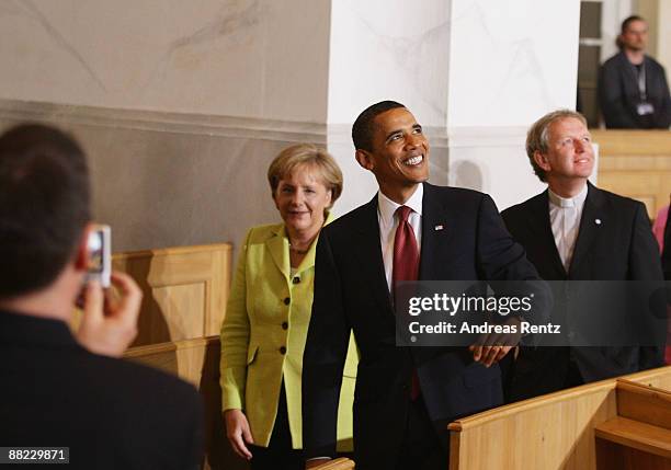 President Barack Obama and German Chancellor Angela Merkel tour Dresden's landmark, the Frauenkirche on June 5, 2009 in Dresden, Germany. After...