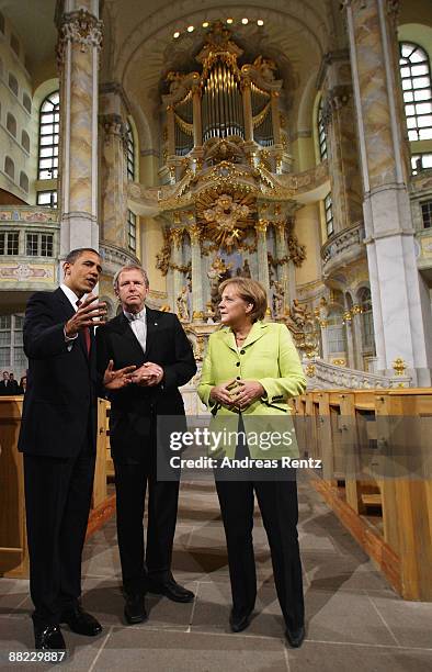 President Barack Obama, German Chancellor Angela Merkel and bishop Jochen Bohl tour Dresden's landmark, the Frauenkirche on June 5, 2009 in Dresden,...