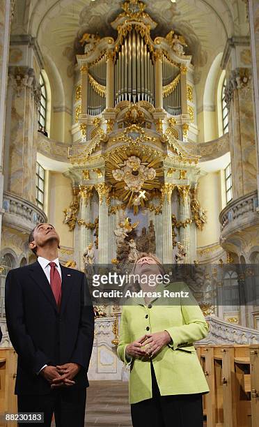 President Barack Obama and German Chancellor Angela Merkel tour Dresden's landmark, the Frauenkirche on June 5, 2009 in Dresden, Germany. After...
