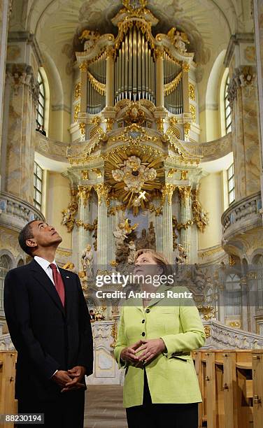 President Barack Obama and German Chancellor Angela Merkel tour Dresden's landmark, the Frauenkirche on June 5, 2009 in Dresden, Germany. After...