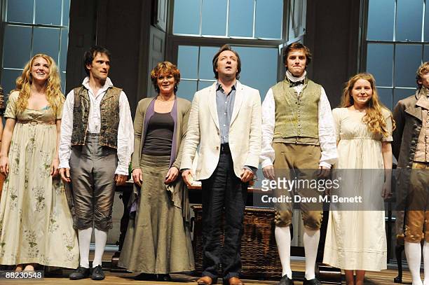 Lucy Griffiths, Ed Stoppard, Samantha Bond, Neil Pearson, Dan Stevens and Jessie Cave on stage during the first night of Tom Stoppard's play Arcadia...