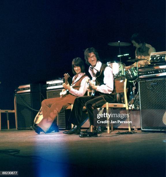 John Farrar, Hank Marvin and Brian Bennett performing on stage with Marvin Welch & Farrar in Copenhagen in March 1971.