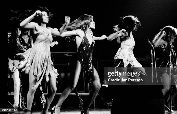 Tina Turner and the Ikettes perform on stage with Ike & Tina Turner in Copenhagen in November 1972.