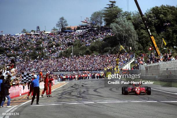 Patrick Tambay, Ferrari 126C2B, Grand Prix of San Marino, Autodromo Dino Ferrari, Imola, 01 May 1983. Patrick Tambay takes the checkered flag and...