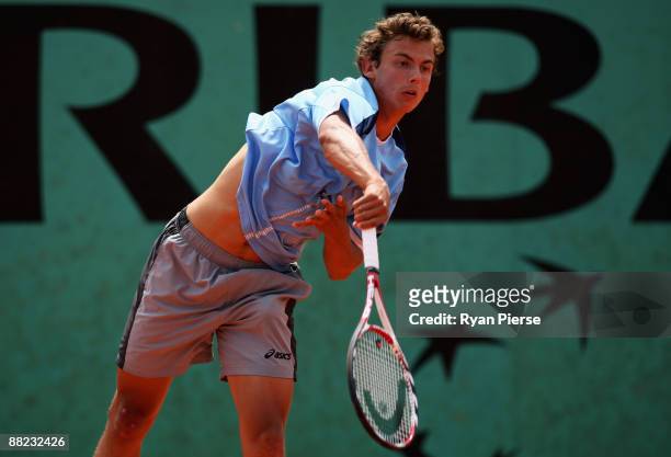 Henri Laaksonen of Finland serves during the Boy's Singles Semi Final match against Daniel Berta of Sweden on day thirteen of the French Open at...