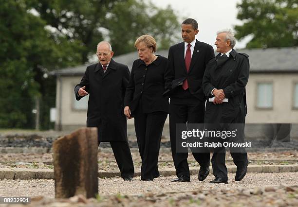 President Barack Obama , German Chancellor Angela Merkel , Buchenwald concentration camp survivor Elie Wiesel and International Buchenwald Committee...