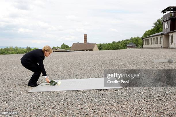 German Chancellor Angela Merkel lays down a white rose on a memorial board at the former Buchenwald concentration camp on June 5, 2009 near Weimar,...