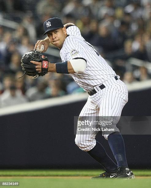 Alex Rodriguez of the New York Yankees in the field against the Texas Rangers on June 3, 2009 at Yankee Stadium in the Bronx borough of New York City.