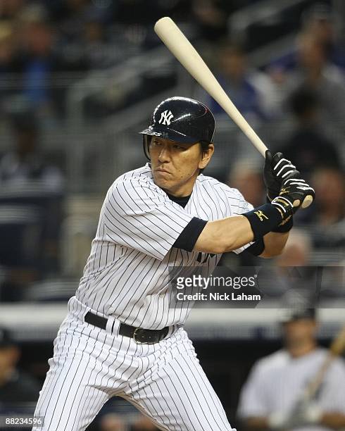 Hideki Matsui of the New York Yankees bats against the Texas Rangers on June 3, 2009 at Yankee Stadium in the Bronx borough of New York City.