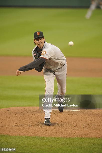 Randy Johnson of the San Francisco Giants pitches and wins his 300th game, which was played against the Washington Nationals at Nationals Park in...