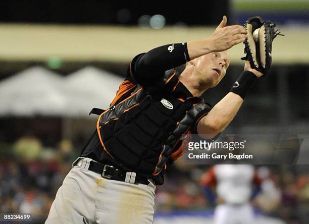 The Netherlands catcher Sidney de Jong catches a popup during the Pool D Game 6, of the first round of the 2009 World Baseball Classic at Hiram...