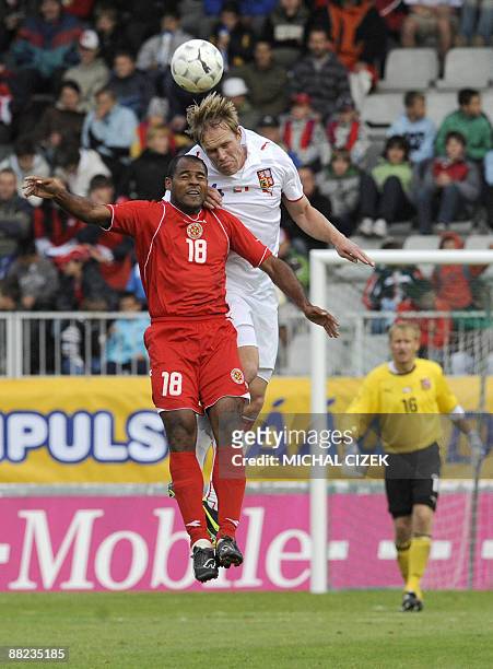 Martin Klein of Czech Republic goes for a header with Jamie Pace of Malta during their friendly soccer match on 05 June 2009 in Jablonec nad Nisou....