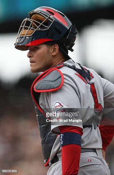 Yadier Molina of the St. Louis Cardinals plays defense at catcher during the game against the San Francisco Giants at AT&T Park in San Francisco,...
