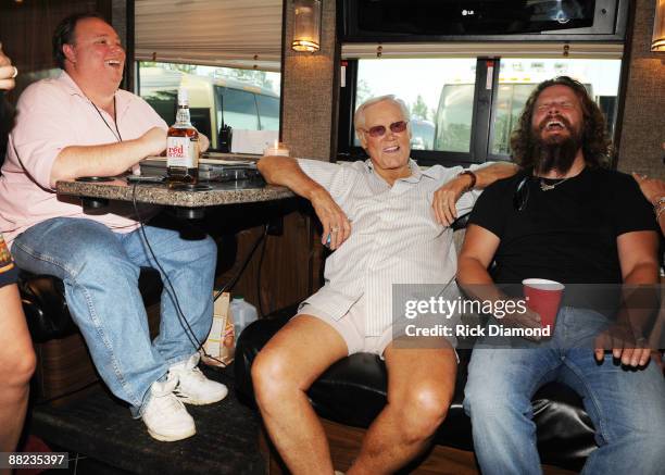 Publicity guru Kirt Webster, Country Legend George Jones and Singer/Songwriter Jamey Johnson chat on their bus backstage at the 2009 BamaJam Music...