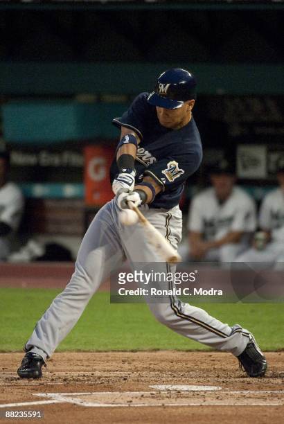 Jody Gerut of the Milwaukee Brewers bats during a game against the Florida Marlins at LandShark Stadium on June 2. 2009 in Miami, Florida.