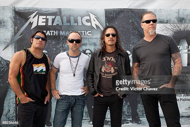 Musicians Robert Trujillo, Lars Ulrich, Kirk Hammett, and James Hetfield of Metallica attend a press conference ahead of their concert at Foro Sol on...