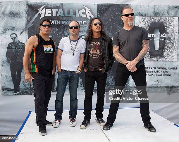 Musicians Robert Trujillo, Lars Ulrich, Kirk Hammett and James Hetfield of Metallica attend a press conference ahead of their concert at Foro Sol on...