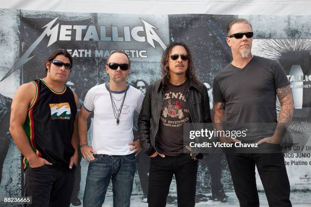 Musicians Robert Trujillo, Lars Ulrich, Kirk Hammett, and James Hetfield of Metallica attend a press conference ahead of their concert at Foro Sol on...