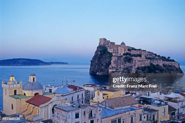 cathedrale sta maria assunta and castello aragonese, ischia ponte, ischia, golf of naples, campania, italy - ischia island stock pictures, royalty-free photos & images