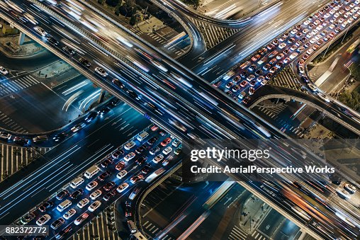 Aerial View of Crowded Traffic at Night Aerial View of Crowded Traffic at Night