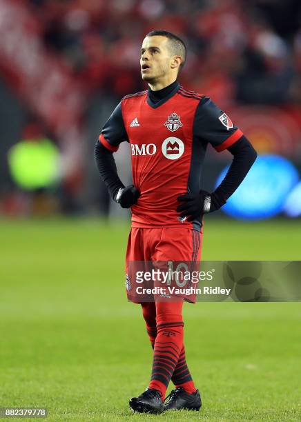 Sebastian Giovinco of Toronto FC looks up to the scoreboard during the first half of the MLS Eastern Conference Finals, Leg 2 game against Columbus...