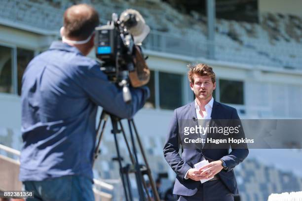 Corey Anderson of New Zealand records a piece to camera during the ICC Under19 Cricket World Cup New Zealand 2018 official event launch at Basin...