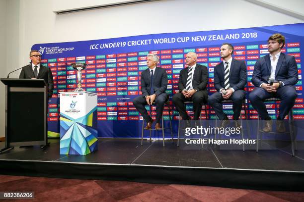To R, MC Craig Cumming speaks while ICC CEO David Richardson, NZ Cricket CEO David White, Tournament Director Brendan Bourne and Tournament...