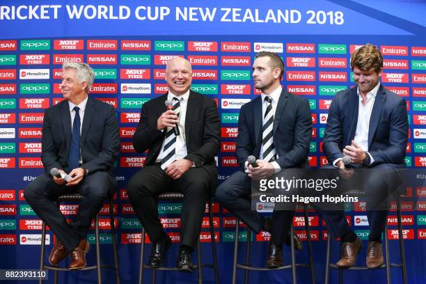 David Richardson, NZ Cricket CEO David White, Tournament Director Brendan Bourne and Tournament Ambassador Corey Anderson speak during the ICC...