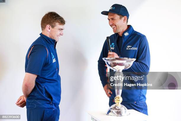 Trent Boult of New Zealand interviews teammate Tom Latham during a New Zealand U19 ICC World Cup Media Opportunity at Basin Reserve on November 30,...