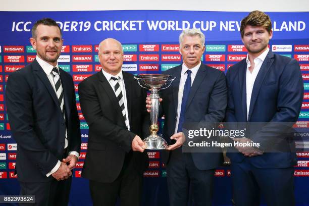 To R, Tournament Director Brendan Bourne, NZ Cricket CEO David White, ICC CEO David Richardson and Tournament Ambassador Corey Anderson pose with the...