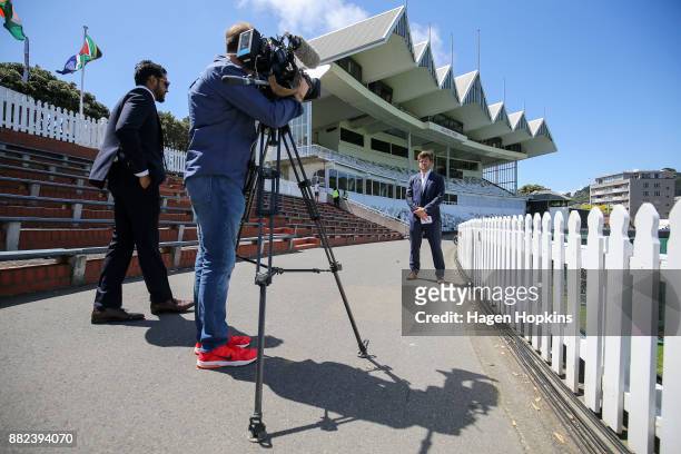 Corey Anderson of New Zealand records a piece to camera during the ICC Under19 Cricket World Cup New Zealand 2018 official event launch at Basin...