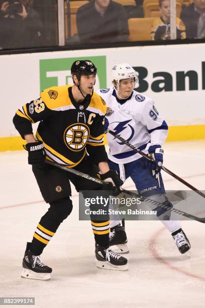 Zdeno Chara of the Boston Bruins watches the play against Vladislav Namentnikov of the Tampa Bay Lightning at the TD Garden on November 29, 2017 in...