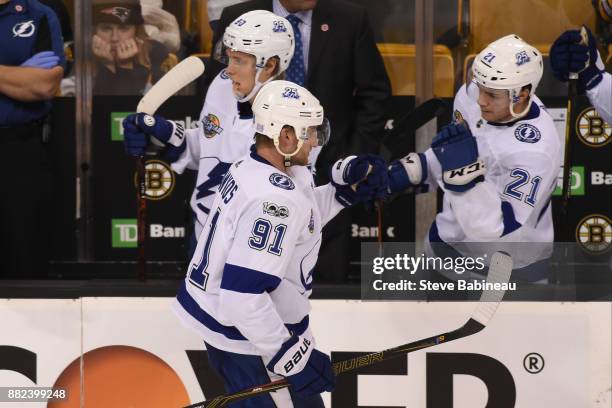 Steven Stamkos of the Tampa Bay Lightning celebrates his third period goal against the Boston Bruins at the TD Garden on November 29, 2017 in Boston,...