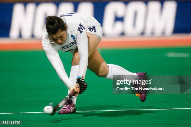 Kelly Coyle of Middlebury College attempts a pass during the Division III Women's Field Hockey Championship held at Trager Stadium on November 19,...