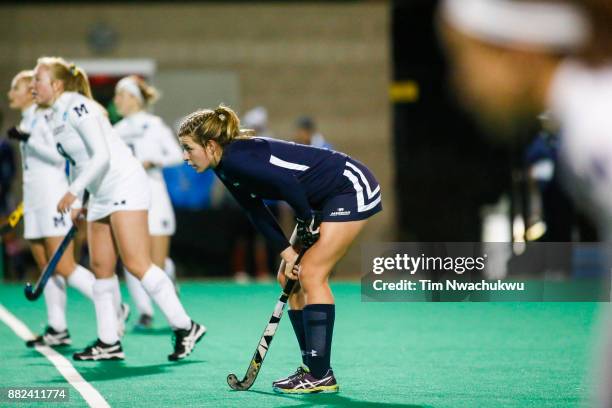 Mackenzie Brubaker of Messiah College waits at midfield during a penalty corner during the Division III Women's Field Hockey Championship held at...